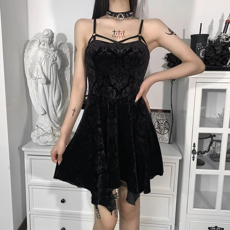 

Women's Sling Dress, Solid Color Vintage Pattern Backless Irregular Hem Dress, Casual Simple Clothes, Black