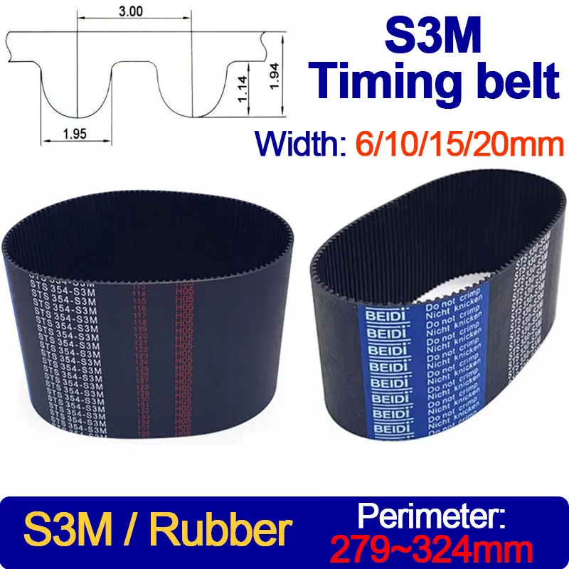 

S3M Belt 279 282 288 291 294 297 300 309 312 318 324mm Length Width 6/10/15/20mm STS S3M Closed-loop Synchronous Rubber Timing