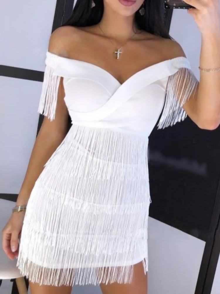 Off shoulder tight party dress Women's sexy tassel short sleeve club dress vest