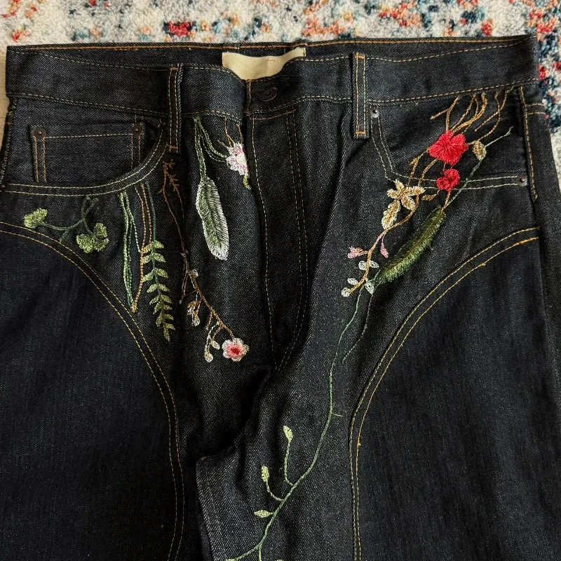 Джинсы Y2K Blossom Baggy с модной цветочной вышивкой, облегающими швами, унисекс, уличный стиль, ретро, в стиле Харадзюку, свободный крой, оверсайз (art.: 3920d7e72d117) - 3920d7e72d117