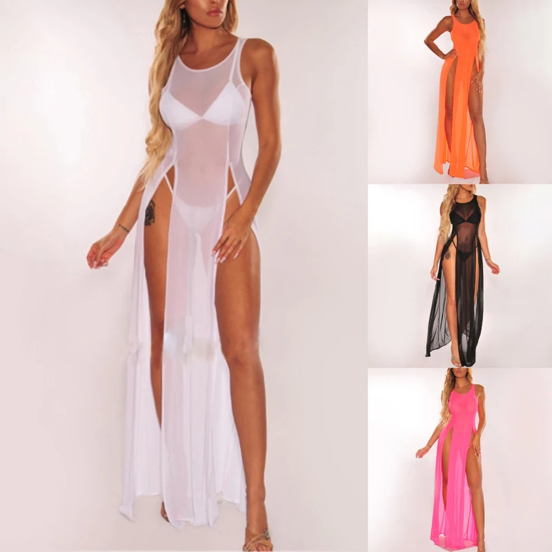 

Sexy Womens Mesh Sheer Long Dress Ladies Bikini Cover Up Beach Sundress Solid See-through Dress Sleeveless Strap Dress