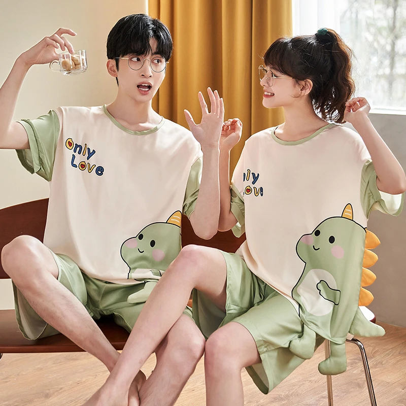 

Summer Women Men Pajamas Set Sleepwear Korean Pijama Suit Lady's Cartoon Dinosaur Loose Lover Pyjama Night Wears