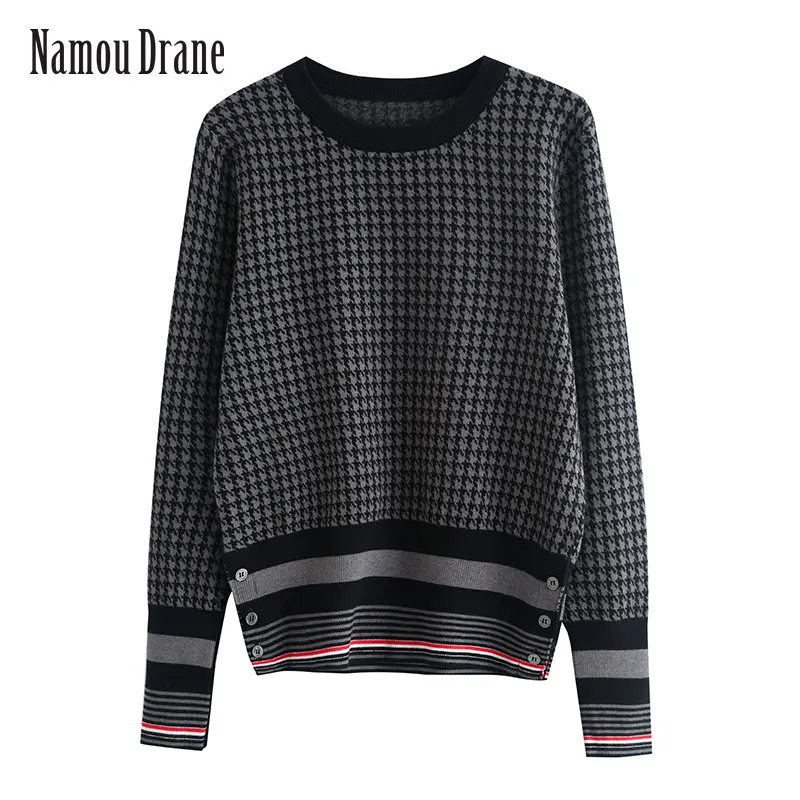 

Namou Drane Autumn Winter 2022 New Round Neck Pullover Multicolor Thousand Bird Check Knit Sweater Long Sleeve Top Women