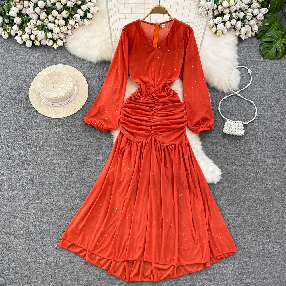 

Clothland Women Chic Sequined Maxi Dress V Neck Lantern Sleeve Pleated Design One Piece Long Dresses Vestido QC253