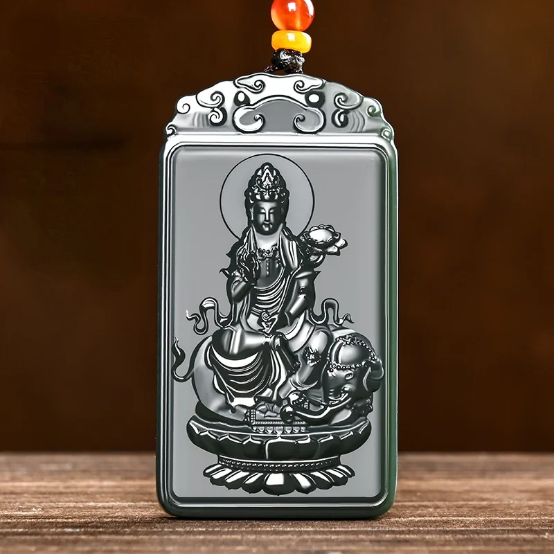 

New Natural Jade Carving Samantabhadra Guanyin Black Green Pendant Jadeite Charm Necklace Exquisite Jewelry Men Women with Chain