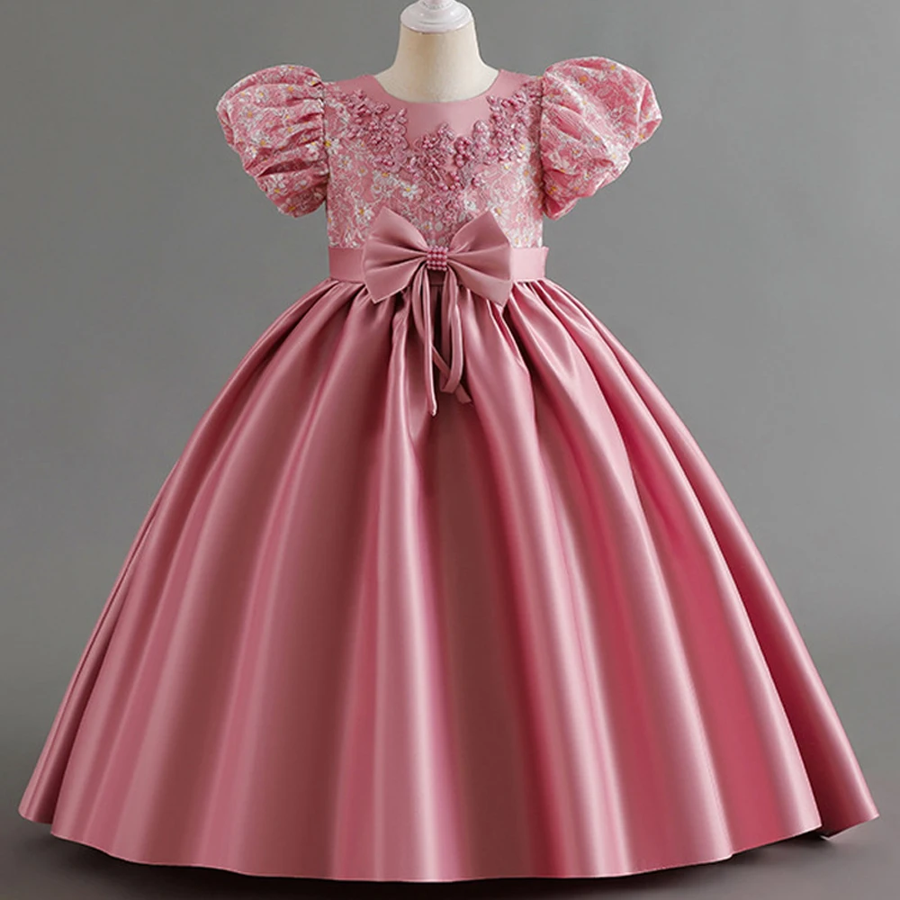 

Elegant Party Girl Dresses Summer Embroidery Bow Wedding Pink Princess Prom Kids Dress for Girls Flower Bridesmaid Birthday Gown