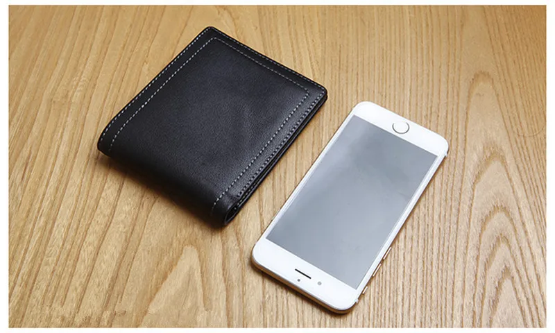 casual simple first layer cowhide men small wallet fashion natural soft genuine leather youth black ID credit card holder purse