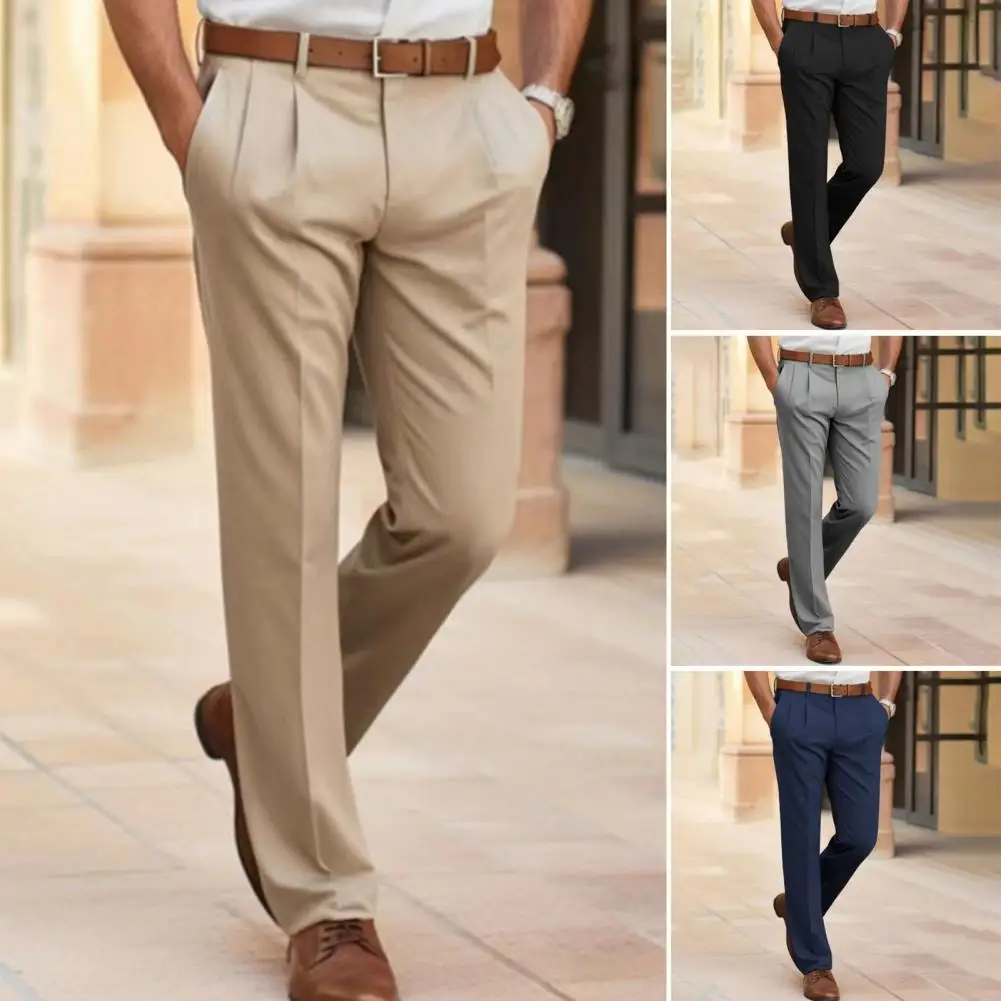 

Мужские классические однотонные Костюмные брюки, деловые офисные длинные брюки со средней посадкой и карманами, облегающие прямые рабочие брюки, рабочая одежда