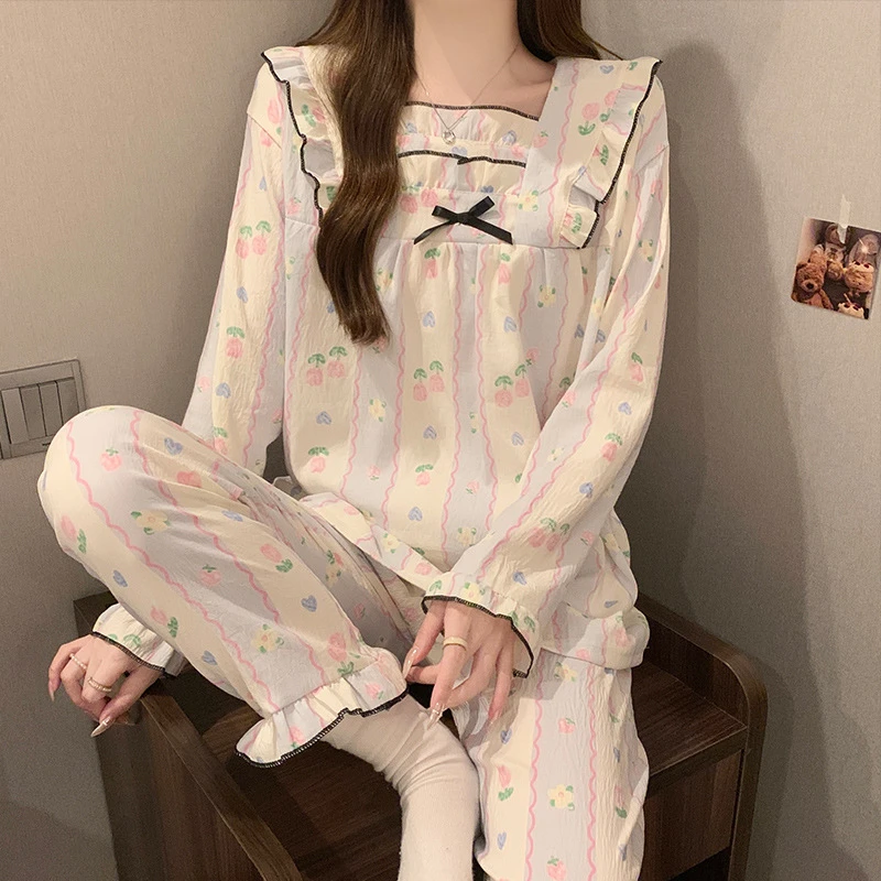 Милая женская пижама одежда для сна с бантом и квадратным вырезом Повседневная