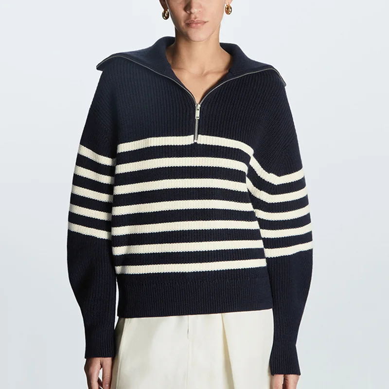 

2022 New Women Fall Winter Casual Striped Sweater Coats Zip Turn Down Collar Long Sleeve Solid Pullover Loose Sweater Tops