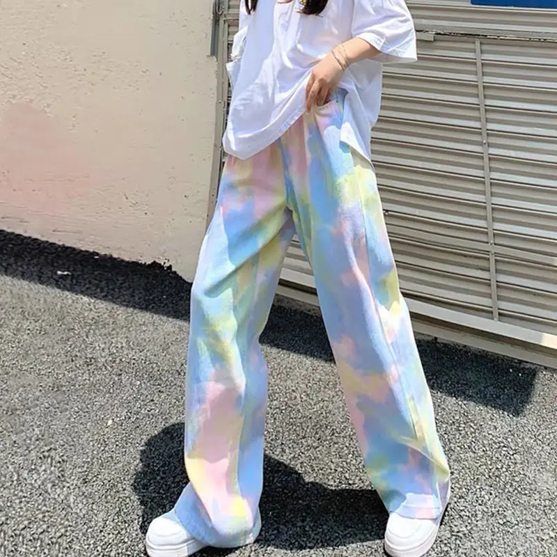 

New tie-dye jeans women's ins high waist thin loose casual all-match straight wide-leg pants women's trousers trendy denim y2k