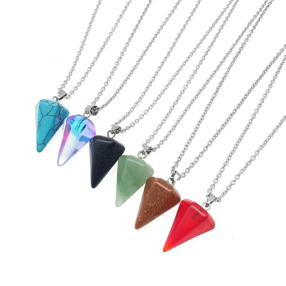 

Natural Stone Crystal Chakra Pendulum Pendant Necklace Ladies Teen Girls Conical Stainless Steel Necklace For Friends Lovers