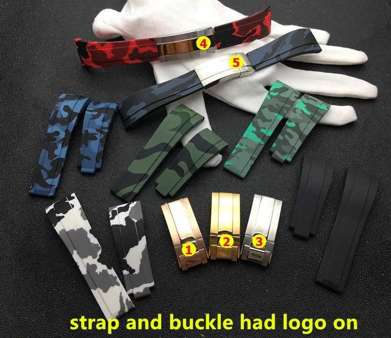 

Brand 20mm Camo Blue Red Gray Green White Rubber Watchband Watch band belt For Role strap Daytona Submariner GMT buckle logo on