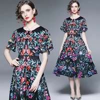 summer new fashion runway show elegant temperament round neck short sleeve slim fitting flower and bird print big swing dress