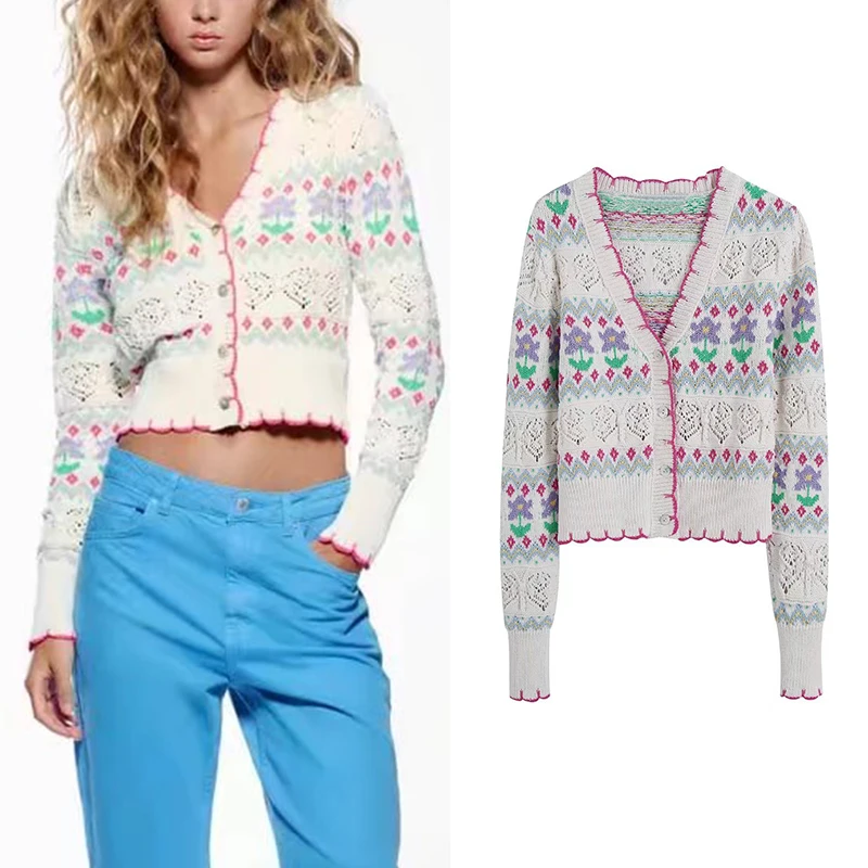 

Spring 2022 Women Floral Jacquard Knitted Cardigan Coat Long Sleeve Single Breasted Female Slim Sweater Chic Tops BB22156