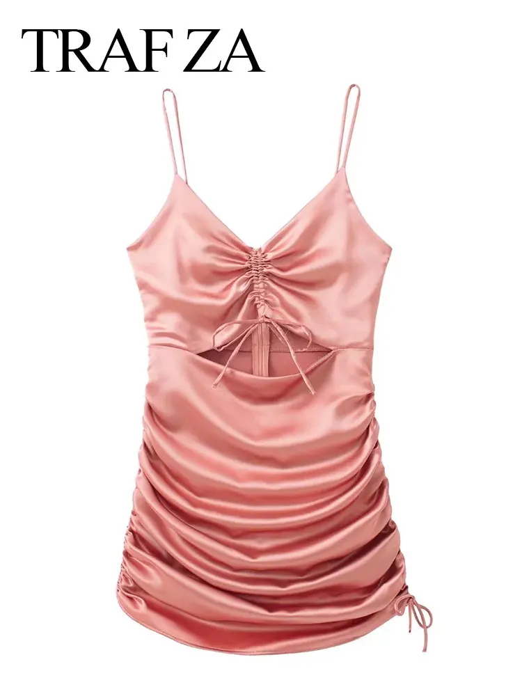 

TRAF ZA Women's Suspender Cropped Navel Solid Color Drawstring Pleated Sexy Sleeveless Slim Long Dress Ladies Party Beachwear