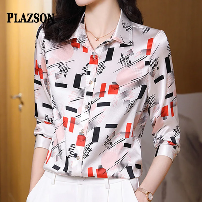 

PLAZSON Geometric Print Long Sleeve Women Shirt Elegant Satin Blouses Vintage Tops Office Lady blusas para mujer roupas feminina