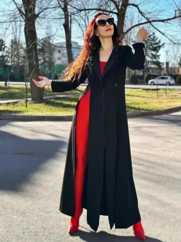 Gymdolphin женский длинный пиджак пальто однотонный черный зубчатый воротник с