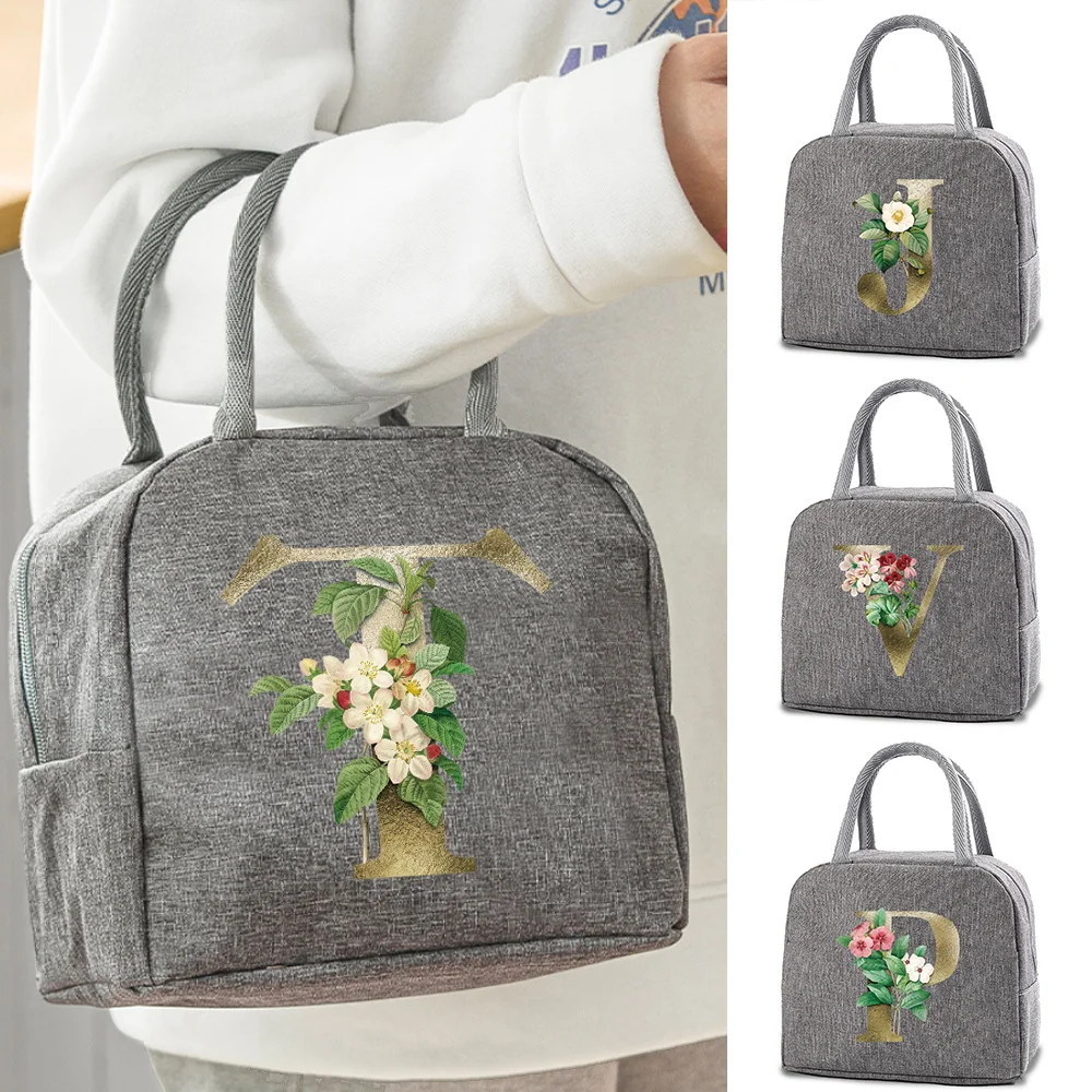 

Insulated Lunch Bag Women Durable Lunch Bento Pouch Thermal Box Tote Cooler Bags Golden Flower Letter Print Lunch Container