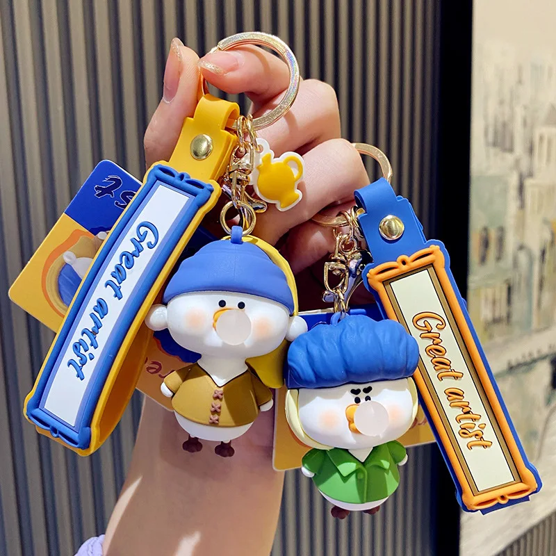 

New Cartoon Art Pearl Earrings Girl Duck Keychain Cute Oil Painting Animal Doll Car Keyring Couple Bag Pendant Ornaments Jewelry