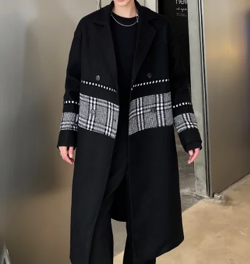 

SuperAen 2023 Autumn and Winter Black Woolen Coat Women Korean Fashion Loose Plaid Splicing Suit Collar Long Woolen Coat