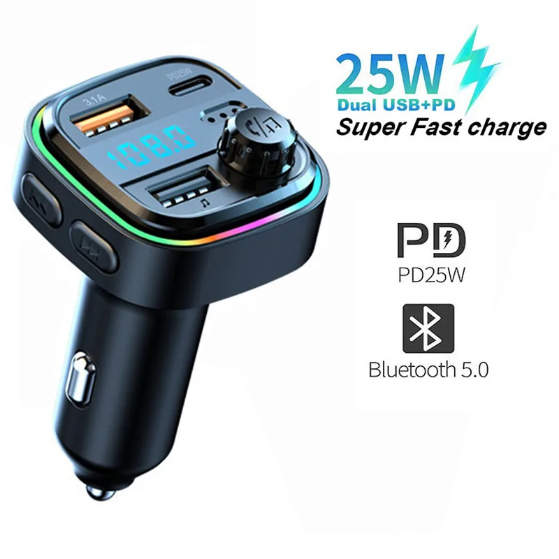 

PD 25W Car Charger FM Transmitter Bluetooth Adapter Handsfree Stereo Mp3 Player Dual USB Fast Charger Colorful FM Modulator