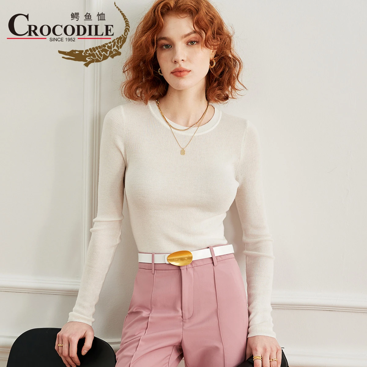

Crocodile 2022 Autumn Winter Newest Round Low Neck Sweater Contain 5% Cashmere Long Sleeve Pullover Female Jumper White Knitwear