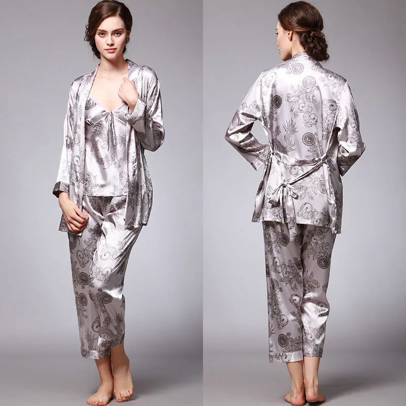 Women 3 Pieces and Men Robe Satin Silk Sleepwear Couple Pajamas Set