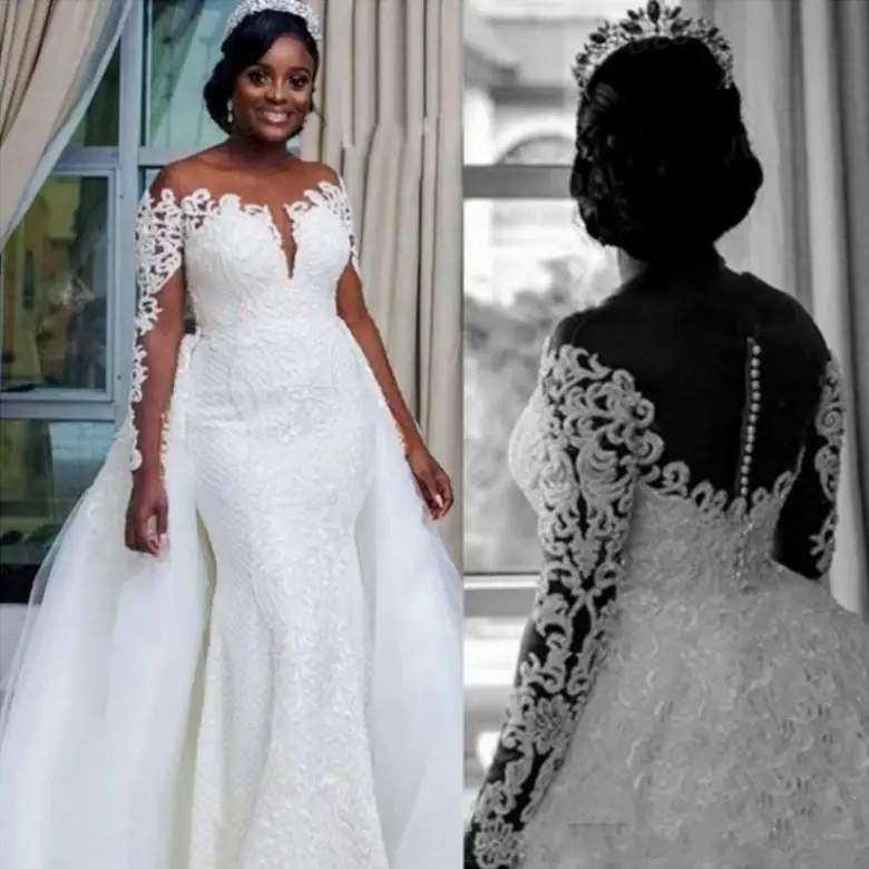 

Plus Size Mermaid Wedding Dresses with Detachable Train Sheer Neck Long Sleeve African Lace Applique Wedding Gowns vestido de