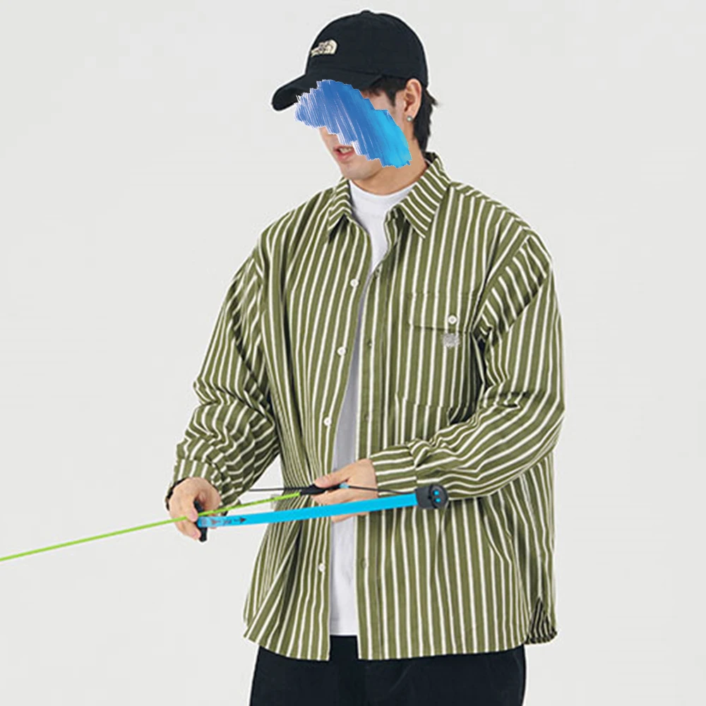 2022 Shirts for Men Casual Stripe Retro Shirt Long-Sleeved Chest One Pocket Design Fashion Button Men Shirt Plaid Shirt Men