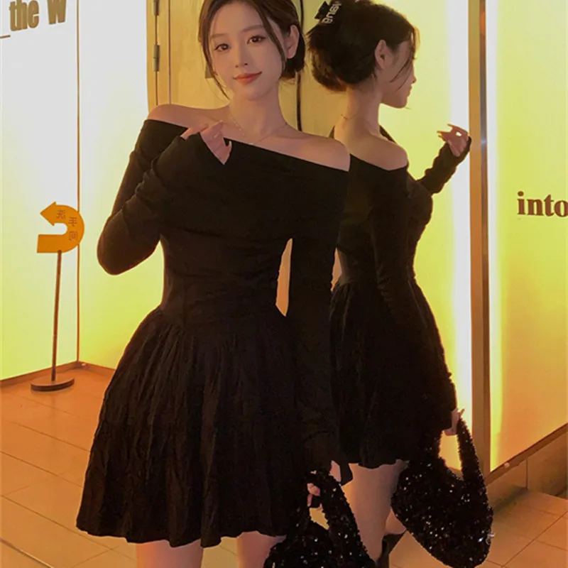 Korean Fashion Black Dress Women Slash Neck Elegant Bodycon Mini  Pleated Dress Vintage Sexy y2k Evening Party Vestidos G433