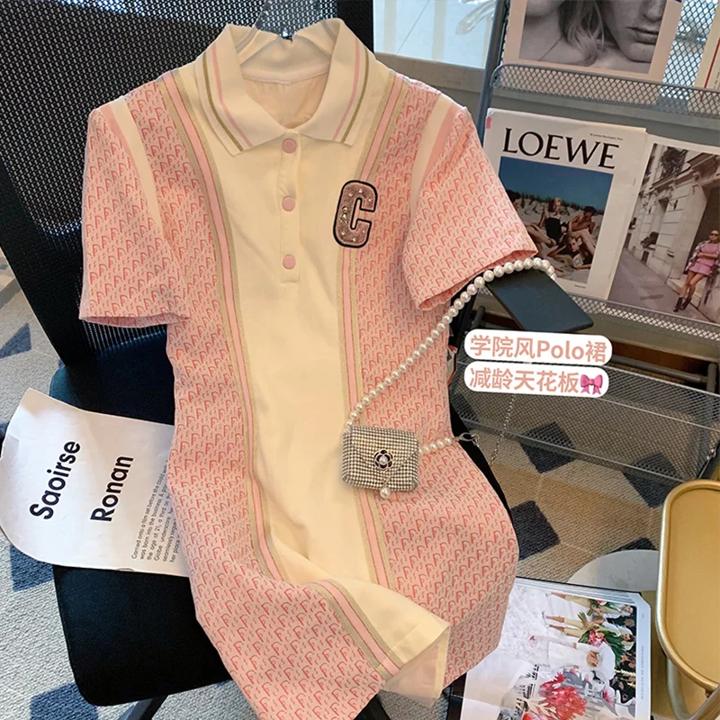 

Women's Clothing Sports Style Dress Pink Printing Polo Collar Short Sleeve Casual Korean Fashion Baggy Short Skirt Ladies Summer