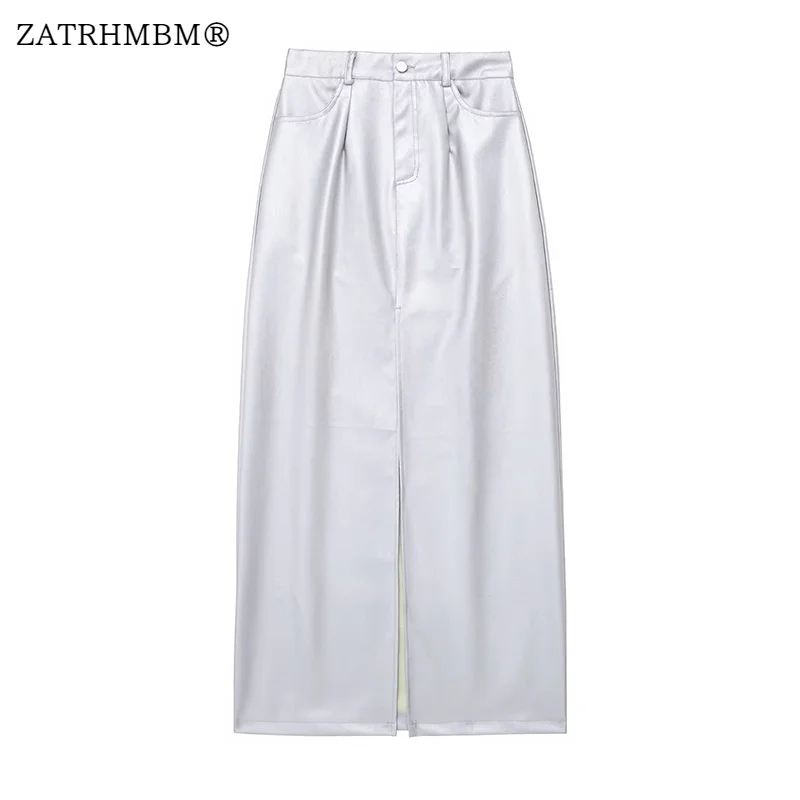

ZATRHMBM, женская кожаная юбка в европейском, американском и серебряном цвете, винтажные женские юбки с боковыми карманами, застежкой-молнией и высокой талией, 2023