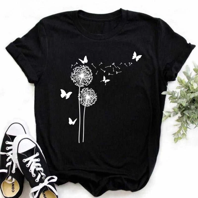 

New Summer Dandelion Butterfly Print Women Tshirt Casual White and Black T-shirt Funny T Shirt Gift for Lady Young Girl Tops