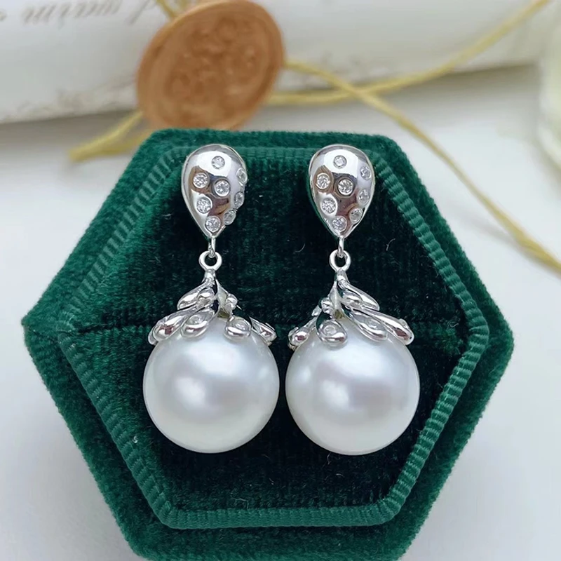 

MeiBaPJ 11-12mm Natural Big White Round Pearls Fashion Drop Earrings 925 Silver Fine Wedding Jewelry for Women