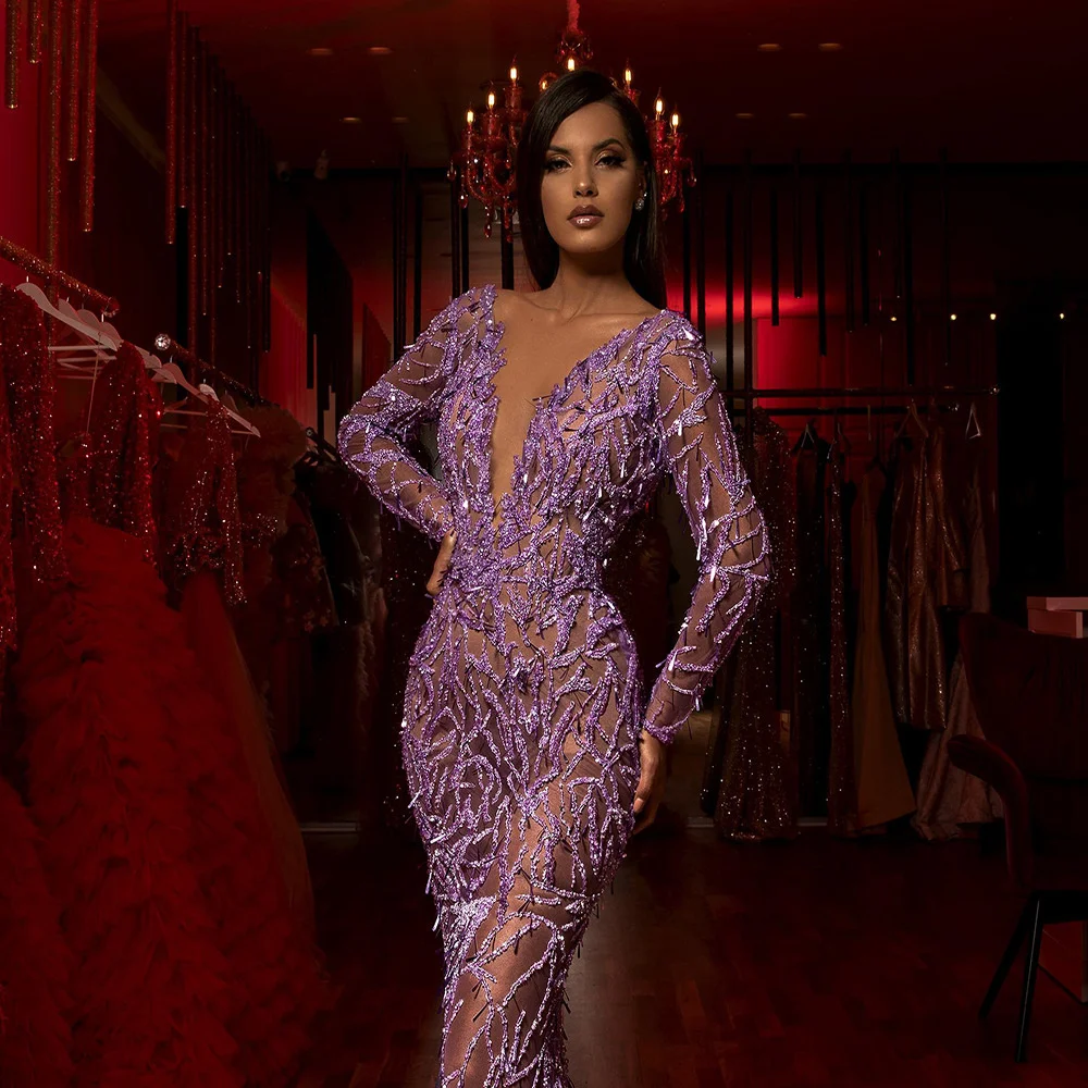 

Spring New Women's Deep V Lace Cut Out Long Sleeve Splash Gold Long Dress befree2023
