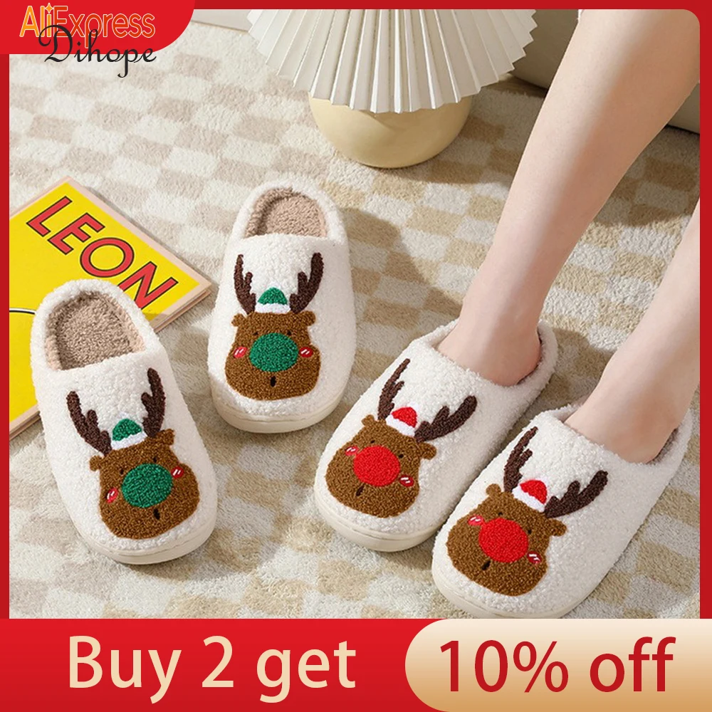 

Women Winter Fluffy Fur Slippers Plush Fleece Flat Christmas Elk Cotton Slippers Indoor Slippers For Couple Cartoon Cotton Shoes