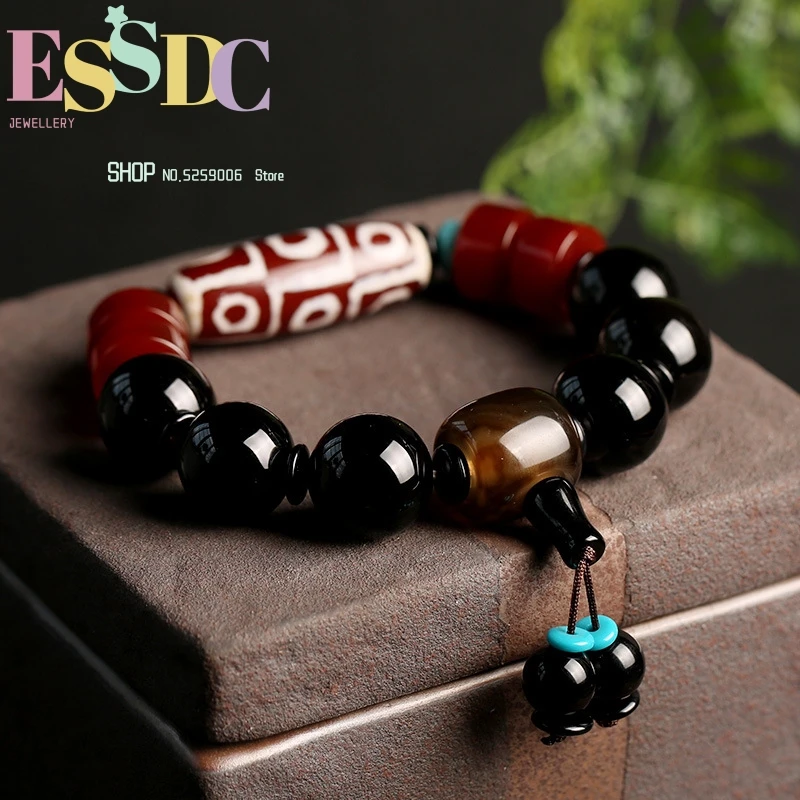 

Natural Nine Eyes Dzi Bead Old Agate Men and Women Retro Tibetan Black Bracelet Jewelry Wholesale