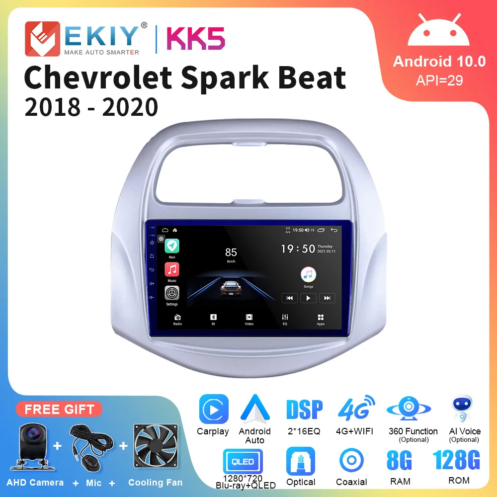 Автомагнитола EKIY KK5 QLED Android 10 для Chevrolet Spark Beat 2018 - 2020 с голосовым ИИ мультимедийным