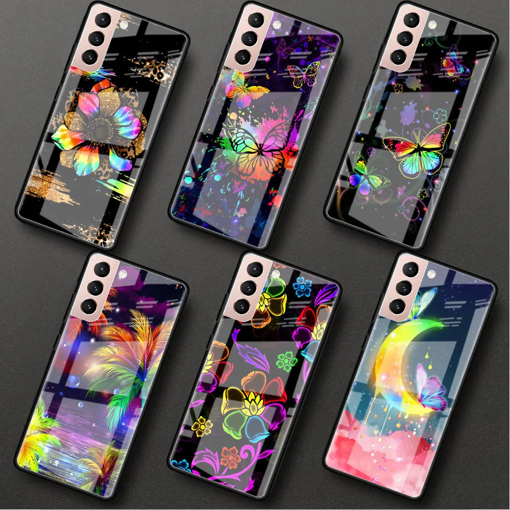 

Glass Case For Samsung Galaxy S22 S20 FE S21 Plus Phone Cover S10 5G S9 Note 20 Ultra 10 Lite Shell Butterflies Shine