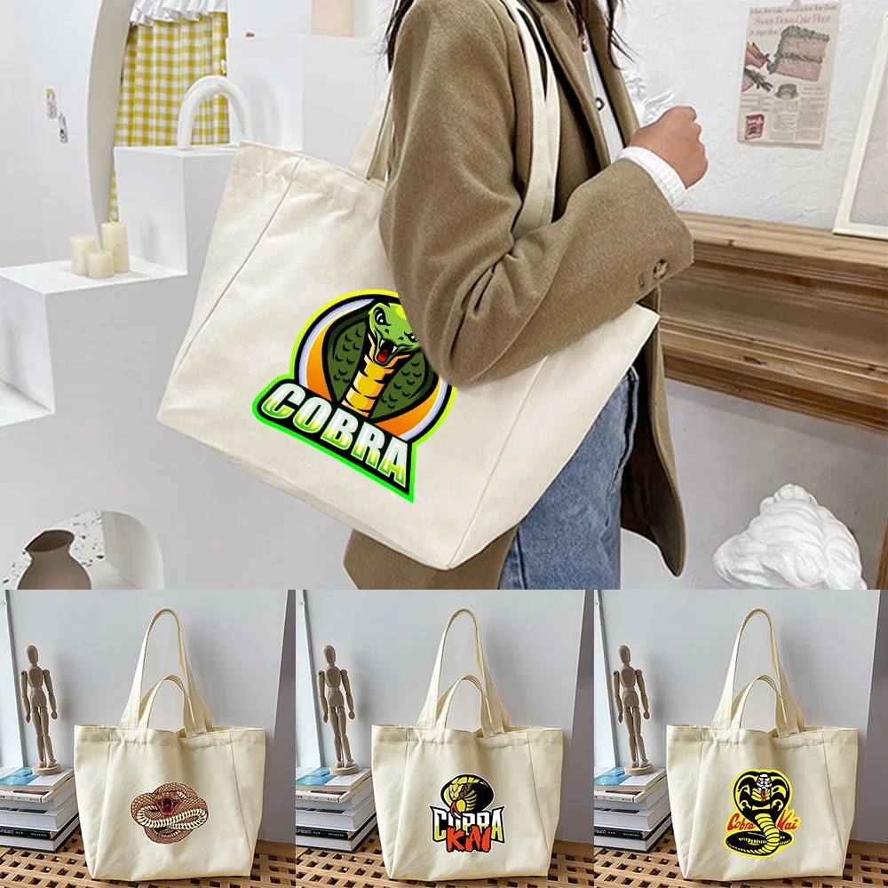 

New Cute Cobra Series Shopping Bag Harajuku Style Handbags Women Casual Canvas Shoulder Bag Girls Cosmetic Tote Bag Sundries Bag