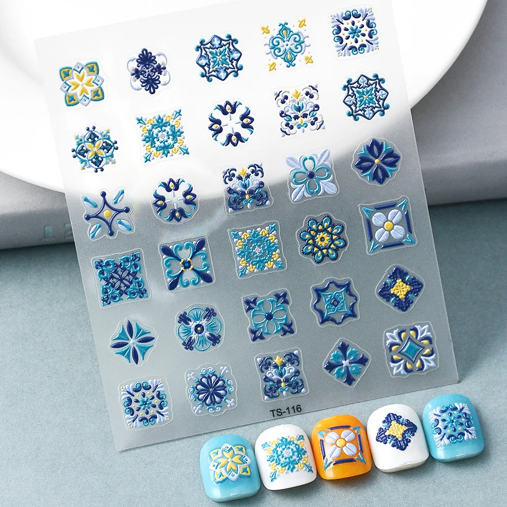 

Blue Series Embossed Nail Art Stickers 5D Boho Totem Pattern Design Decor Ultra Thin Charm Sliders Manicure Decals Nails Tips