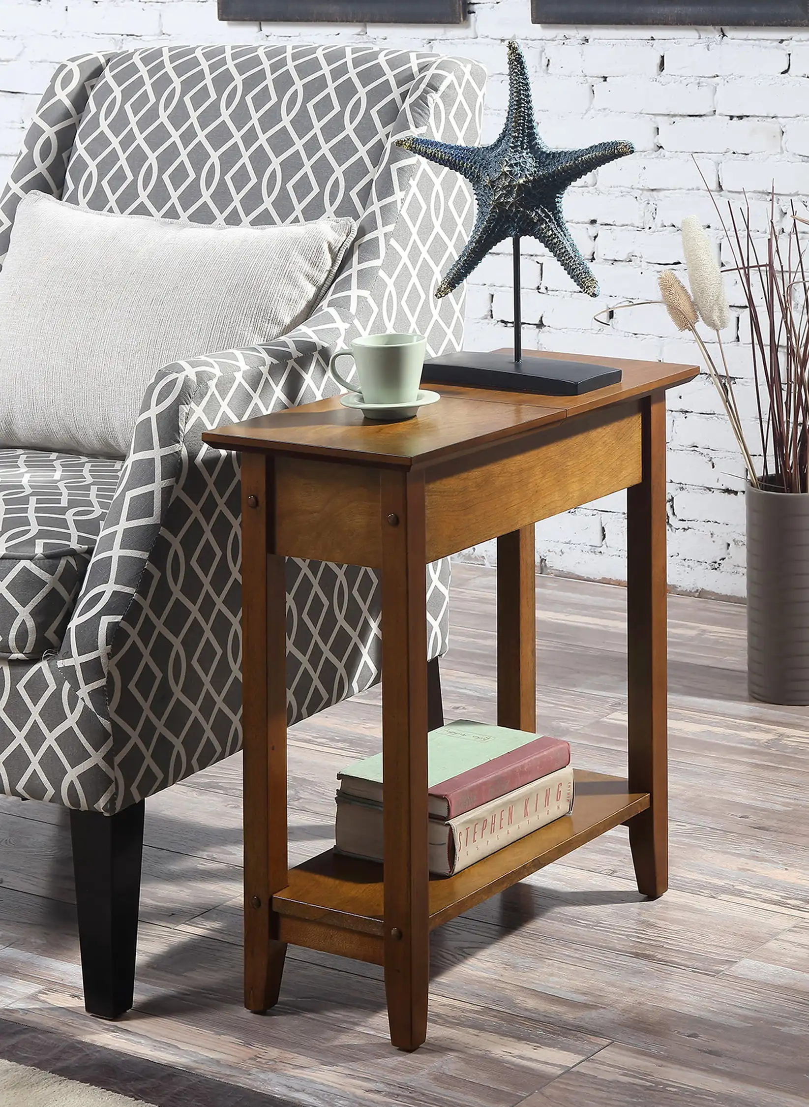

American Heritage Flip Top End Table with Shelf, Walnut