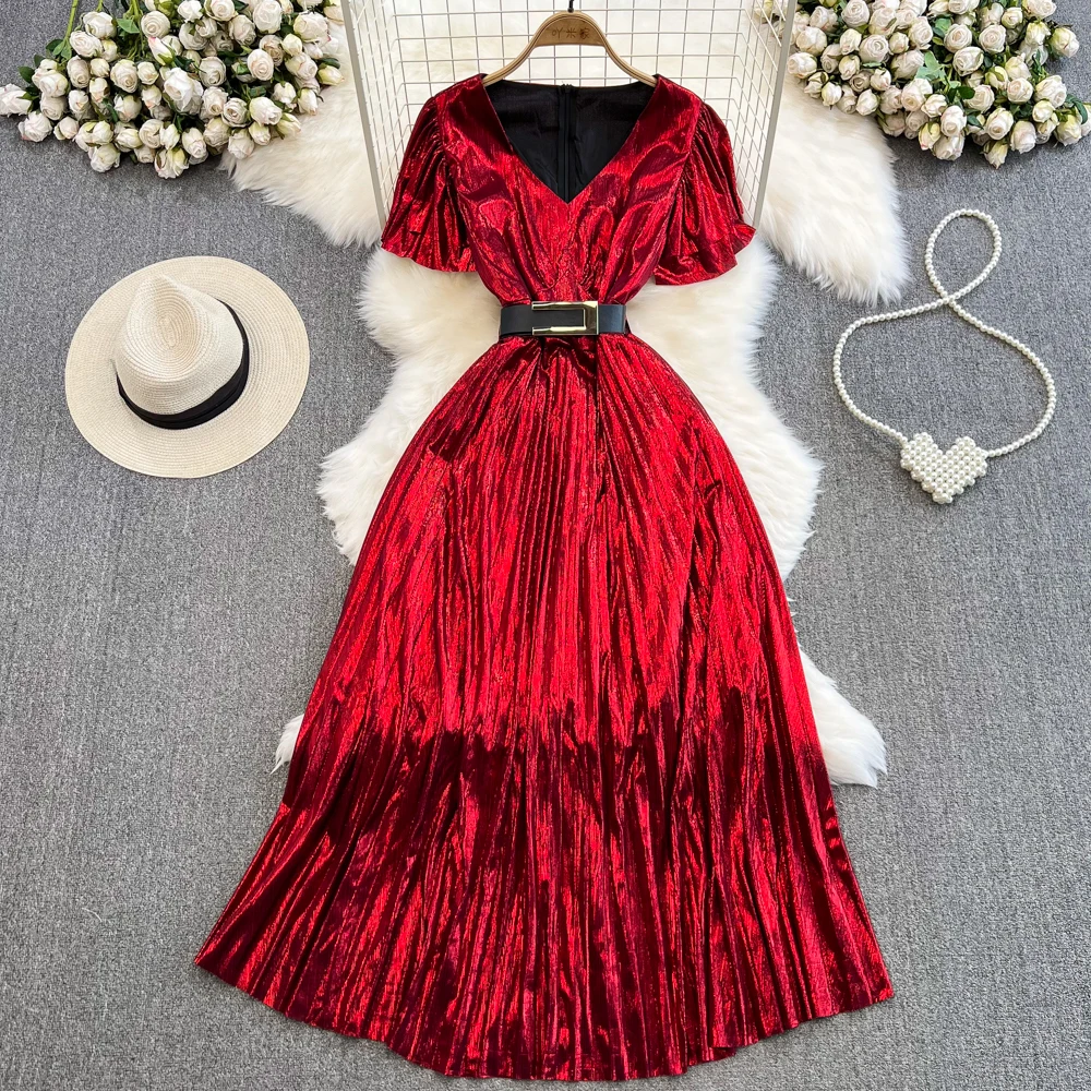 

Autumn Long Luxury Dress for Women Bright Silk Pleated V-Neck Belted Female Formal Dresses Party Evening Vintage Traf New In