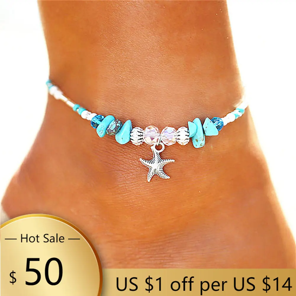 

Vintage Starfish Pendant Anklets Stone Beads Ankle Women Summer Beach Handmade Bohemian Foot Chain travelling Souvenir Gifts