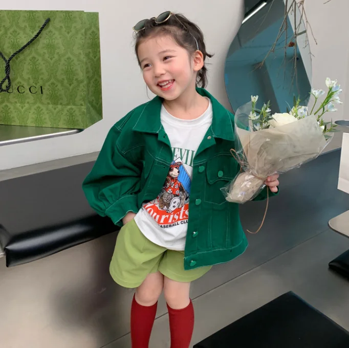 

Green Colour Kids Jeans Jacket For Toddler Girls Loose Coat Children Single Breasted Clothing Boys Overcoat куртка для мальчика