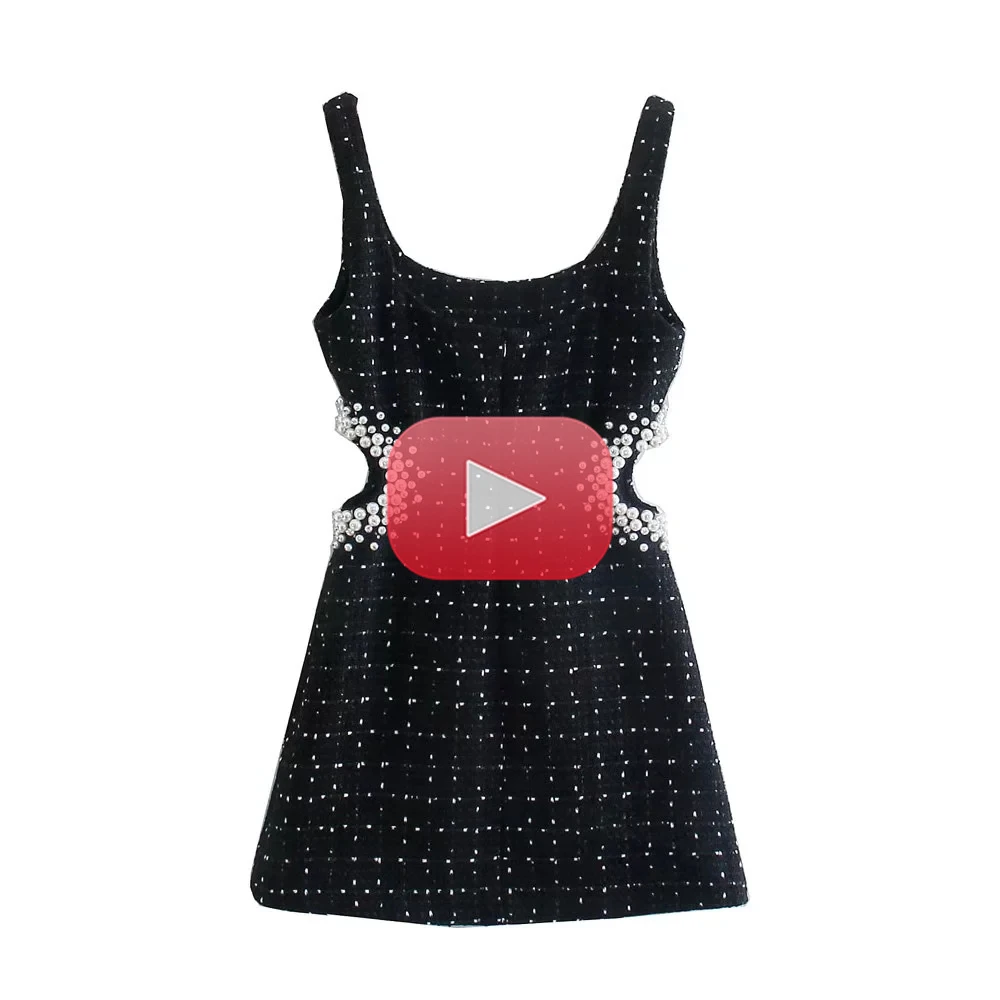 

2021 New Women Vintage Tweed Black Plaid Hollow Out Dress Female Casual Pearl Decoration Slim Square Collar Mini Dresses