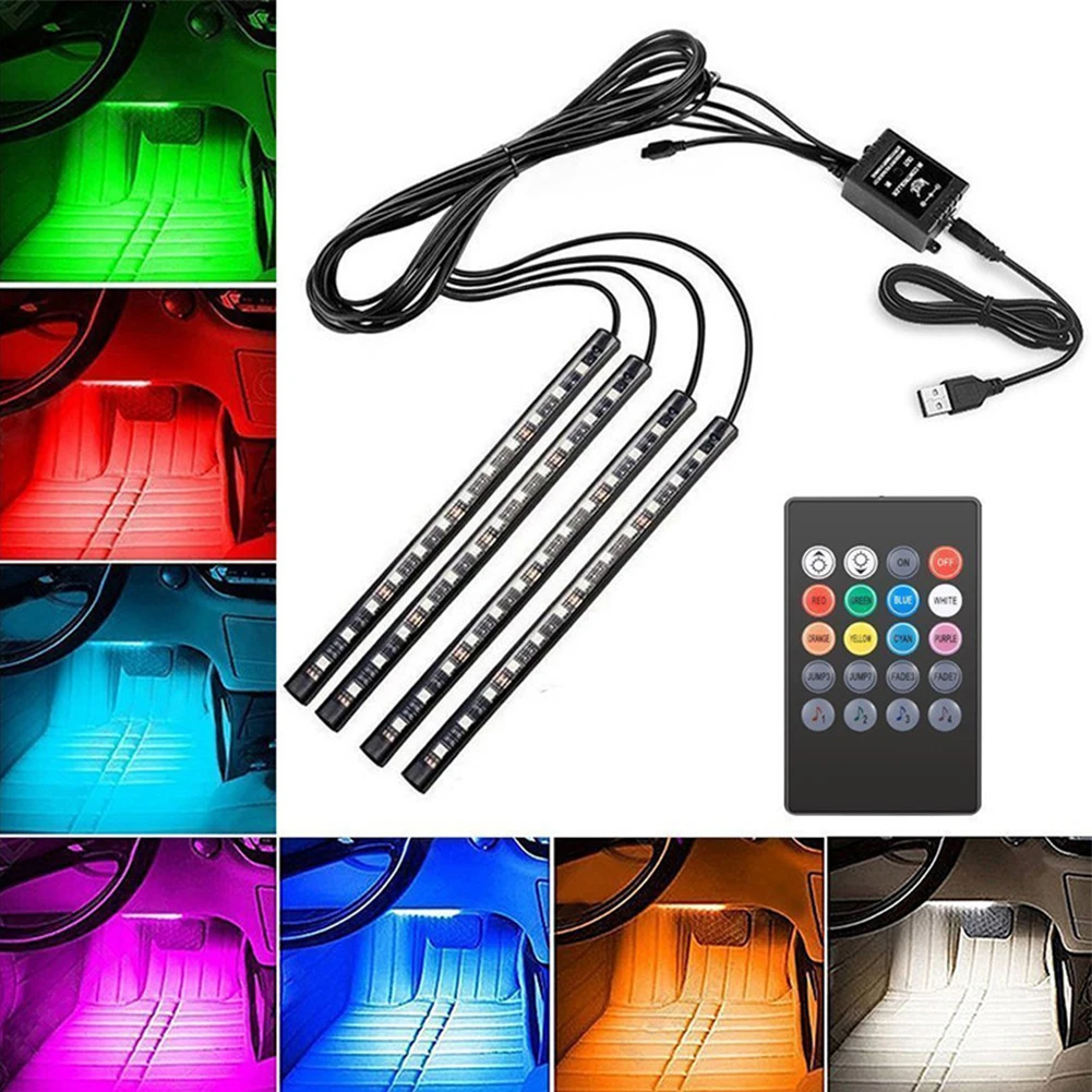 

4pcs 12V 5050SMD LED Car SUV Interior RGB Atmosphere Decorative Light Neon Lamp Strip High Quality RGB LED Light Bar Universal