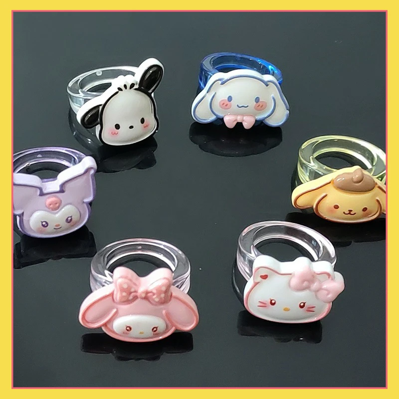 

Kawaii Sanrio Ring with Heart Flower Anime Hello Kitty Ring Cartoon My Melody Cinnamoroll Kuromi Girl Exquisite Accessories Gift