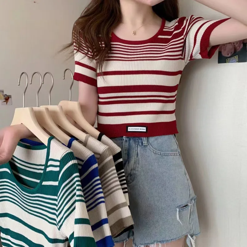 

Harajuku 2023 Summer Striped T Shirts for Women O-neck Short Sleeve Tops T Shirt for Women Knitted Ladies Tees Fashion Clothing